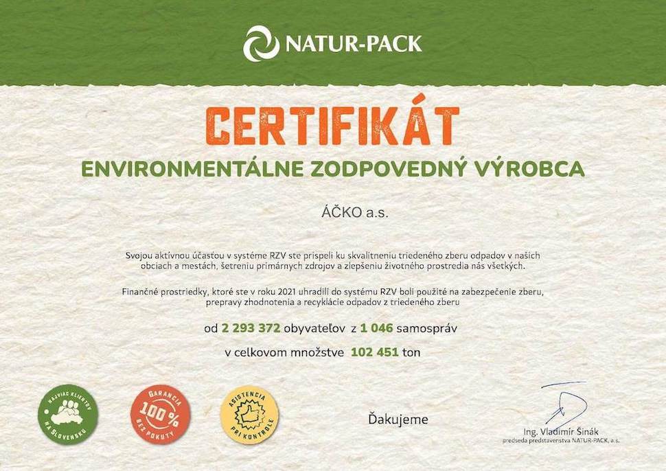 Certifikát NATUR-PACK | acko.sk