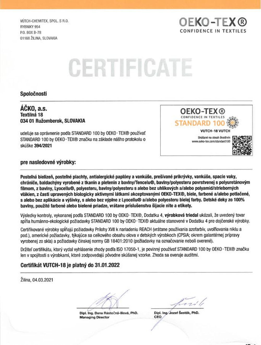 Certifikát OEKO-Tex 2021