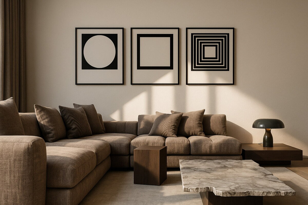 obývačka s minimalistickými dekoráciami – 3 obrazy s geometrickými tvarmi na stene