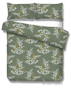 Bavlnené krepové obliečky JELŠA Olive s potlačou halúzok a lístkov.