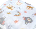 Detská deka s hebučkým povrchom s potlačou zvieratiek na bielom podklade a s druhou stranou ako baránok.