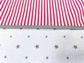 Bavlnené obliečky z jemnej renforce bavlny do detskej postieľky v rozmere 60x120 cm. Potlač s elegantnými prúžkami v bielo-červenej farbe je doplnená o nežnú výšivku v tvare obláčika, ktorá pridáva obliečkam špeciálny šarm.
