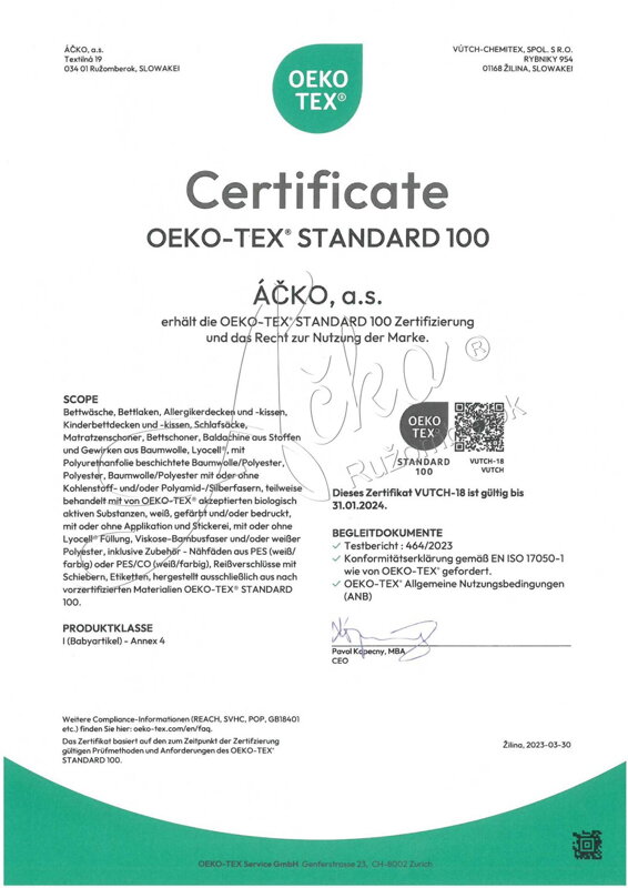Certifikát OEKO-TEX STANDARD 100 | acko.sk