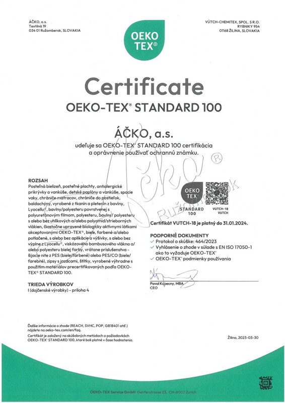 Certifikát OEKO-TEX STANDARD 100 | acko.sk