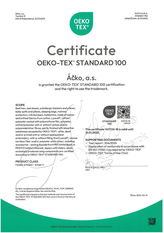 Certifikát OEKO-TEX STANDARD 100 na výrobky pre deti a dojčatá do 3 rokov