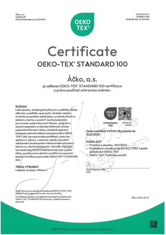 Certifikát OEKO-TEX STANDARD 100 na výrobky pre deti a dojčatá do 3 rokov