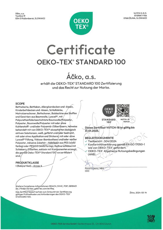 Certifikát OEKO-TEX STANDARD 100 na výrobky pre deti a dojčatá do 3 rokov