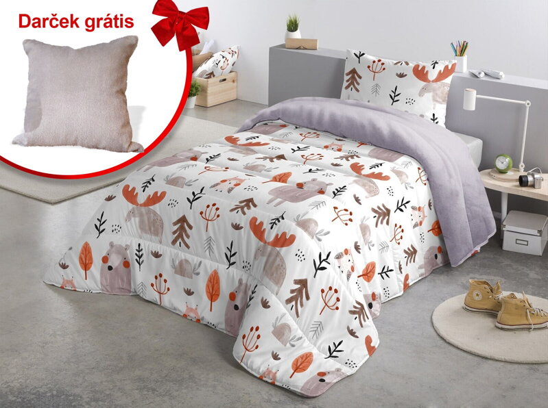 Prešívaná hrejivá deka LESNÍ KAMARÁTI Lavender Grey + darček